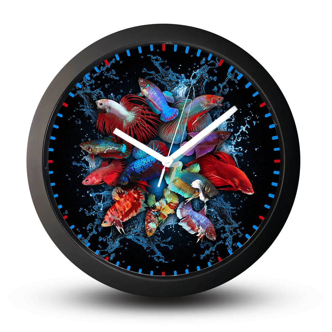 Different tail types of Betta - Siamese Fighting Fish, Black Wall Clock