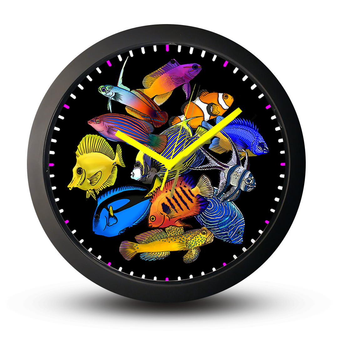 Different Marine Fish, Reef Tank Aquarium, Black Wall Clock