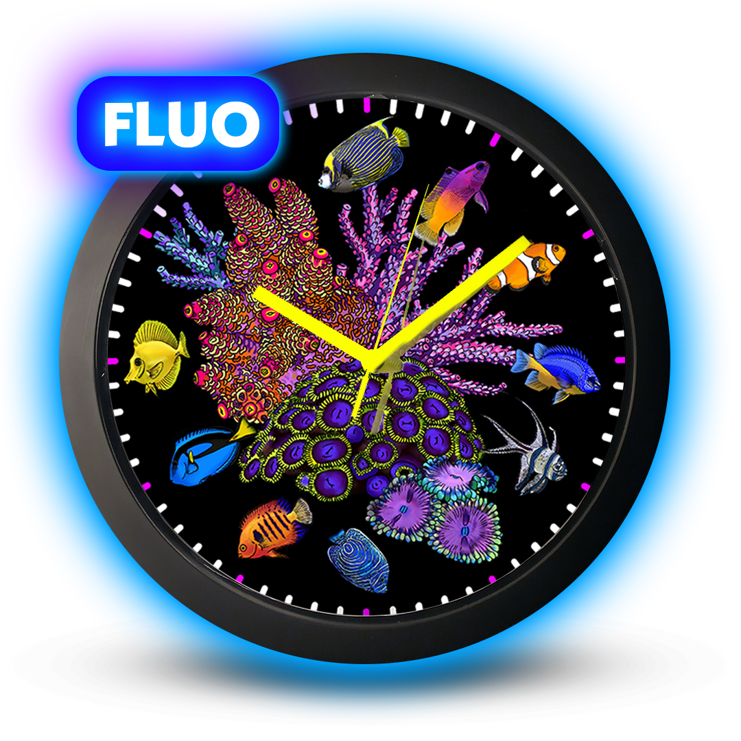 FLUO Corals and Fish Reef Tank Glow under Blue UV Light, Black Wall Clock