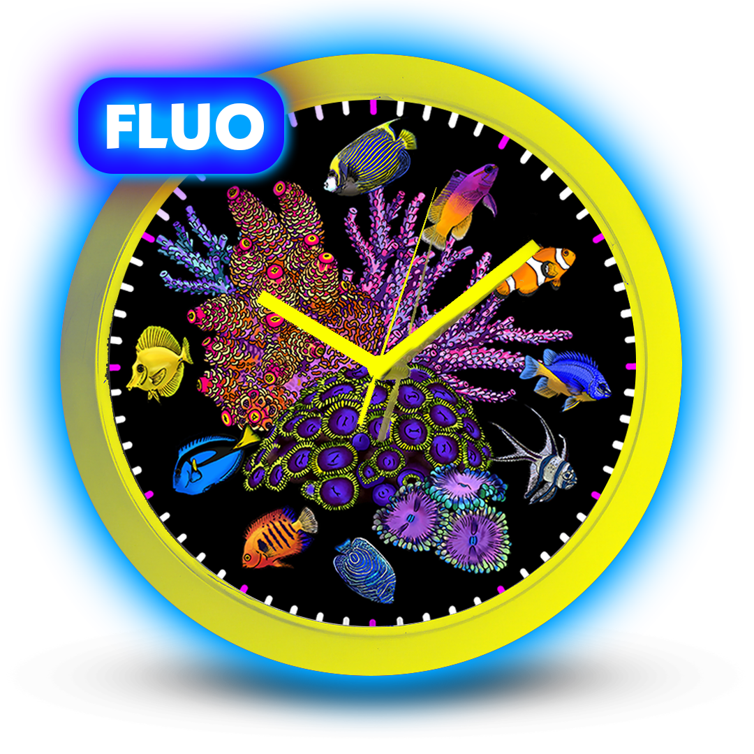 FLUO Corals and Fish Reef Tank Glow under Blue UV Light, Black Wall Clock