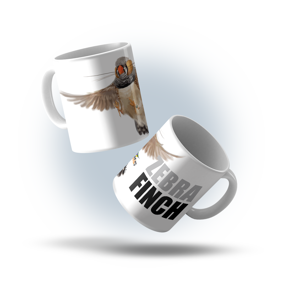 Flying Zebra finch Illustration, Porcelain White Mug